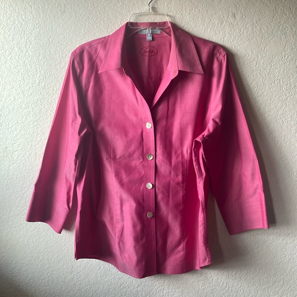 Foxcroft Paityn Non-Iron Fitted Cotton Pink Button Down 3/4 Sleeve Shirt wmns 14